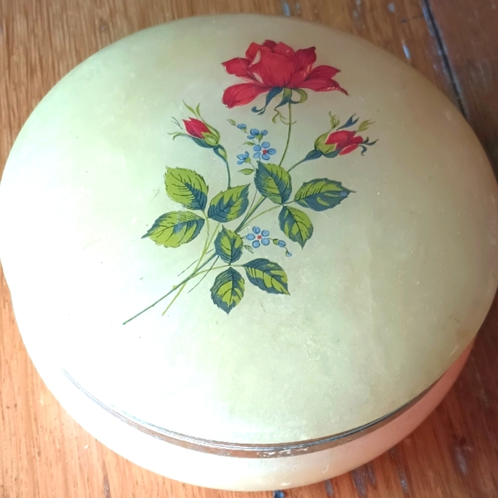 Vtg Carved Alabaster Box Trinket Rogue Face Powder Floral Rose Heavy Grannycore